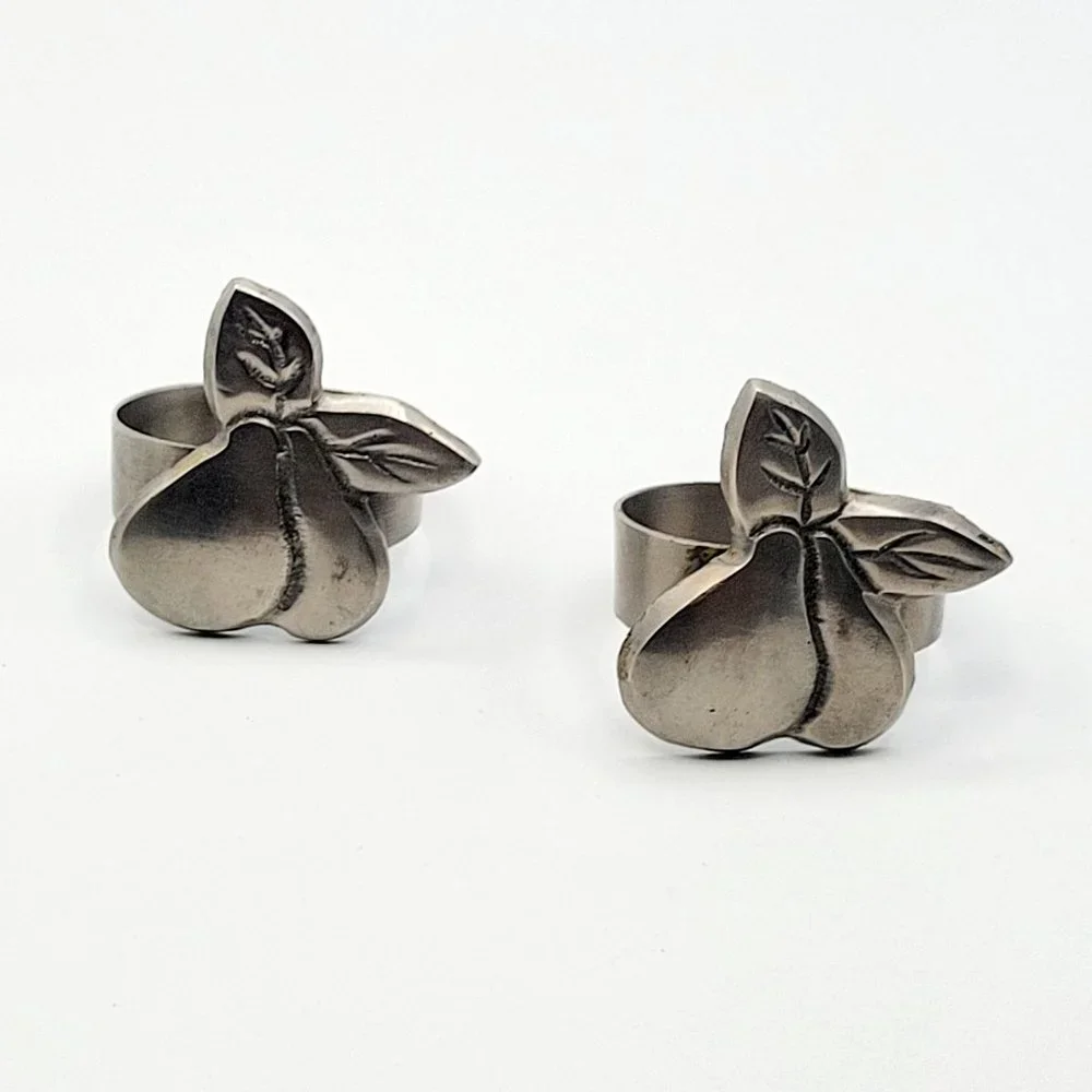 Metal Pear Shaped Napkin Rings Lot of 2 Fruit Silver Colored Food Replacement